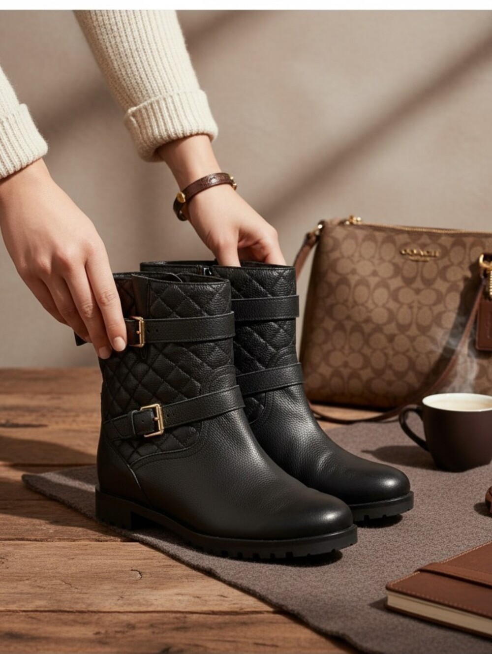 Kate Spade Samara Black Quilted Leather Moto Boots